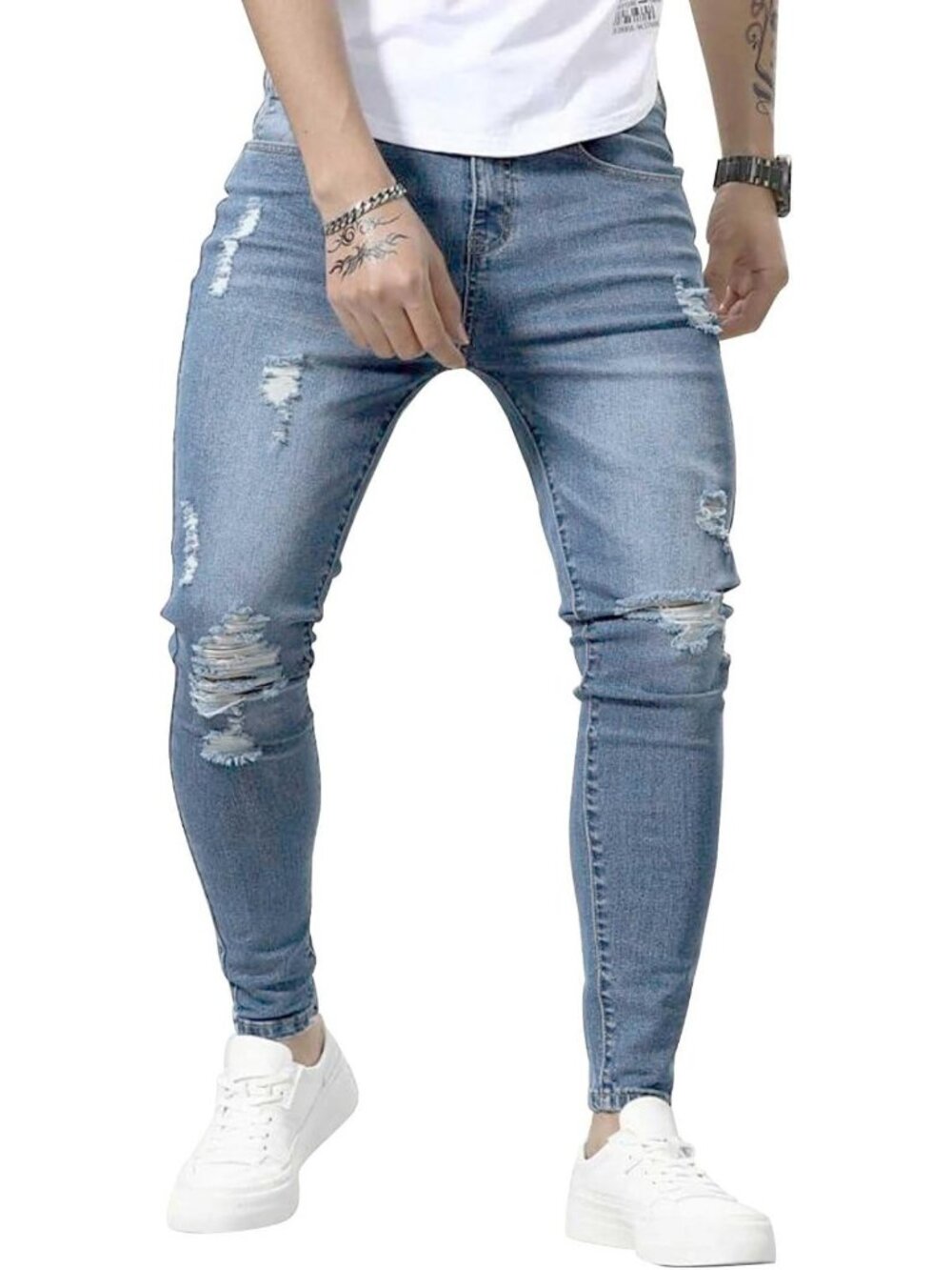 Men's Ripped Distressed Skinny Jeans - Stretch Slim Fit, Casual Fashion